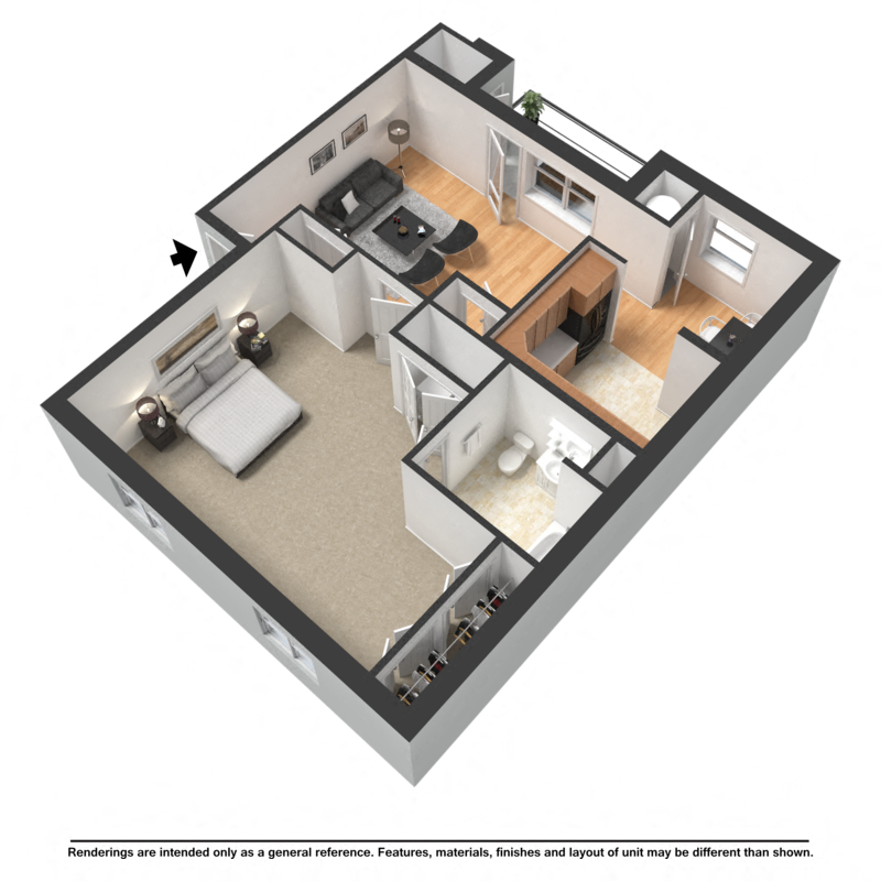 Floor plan for 1 bed, 1 bath, 704 sqft